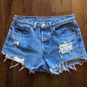 Levi’s 501 high waisted distressed shorts